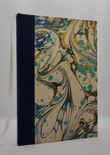 Load image into Gallery viewer, A5 Handmade Notebook - Teal, Gold, Green, Cream - Marbled, Japanese Silk