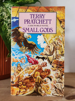 Book titled 'Small Gods' by Terry Pratchett on a wooden surface with a plant in the background