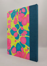 Load image into Gallery viewer, A5 Handmade Notebook - Hot Pink, Turquoise, Acid Yellow - Marbled
