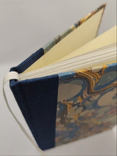 Load image into Gallery viewer, A5 Handmade Notebook - Blue, Gold, Purple Marbled, Japanese Silk
