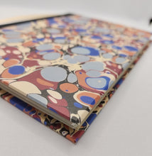 Load image into Gallery viewer, A5 Handmade Notebook - Orange, Blues, Black Marbled
